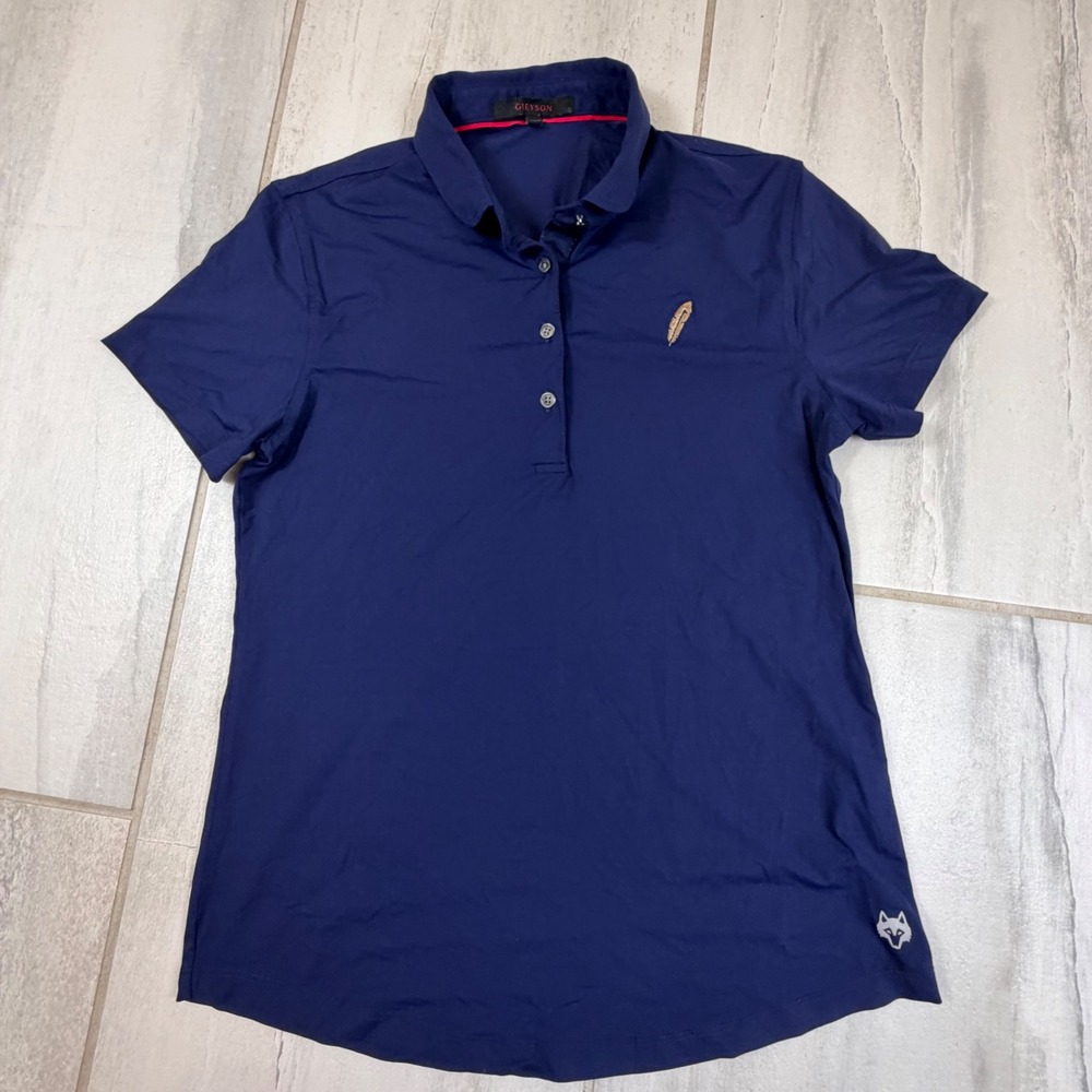 Greyson Womens Navy Blue Short Sleeve Golf Polo Shirt Gold Feather Logo Size S